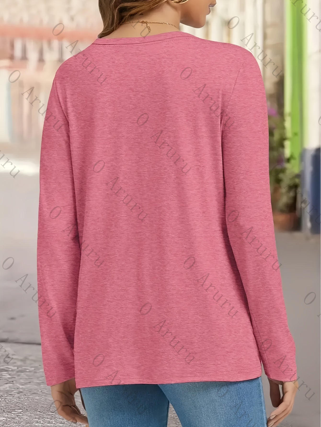 Cross-Border European and American Women'S Fashion Round Neck Pocket Long Sleeve Casual Loose Top Base T-Shirt
