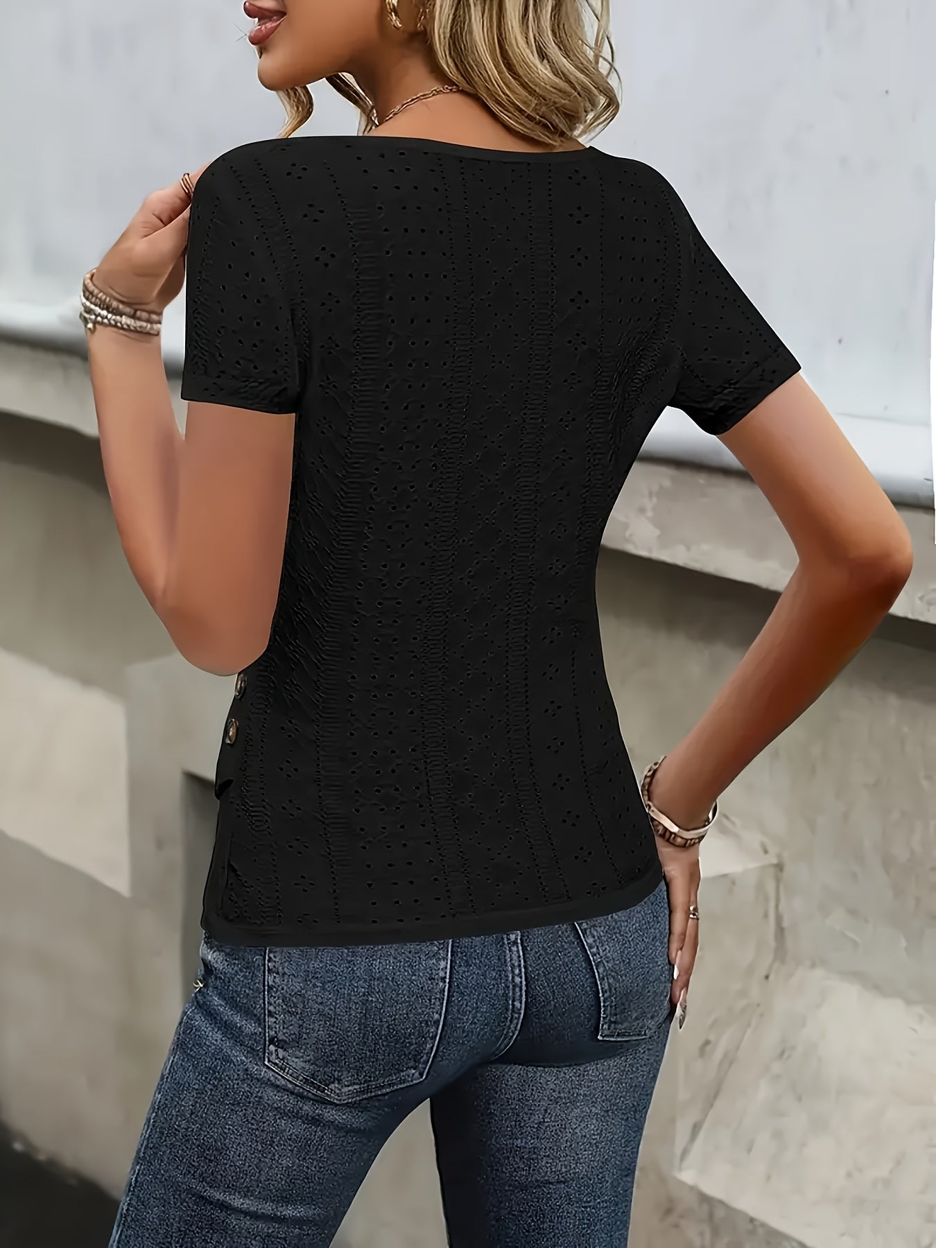 [Elegant V-Neck Shirt] Nian Nian Women's Elegant Deep V-Neck Short-Sleeve Shirt - Breathable Button-Front Collar Top with Cut-Out Details, Machine Washable Polyester Suitable for Casual & Formal Wear, Spring/Summer Layering Piece for Office or Everyday