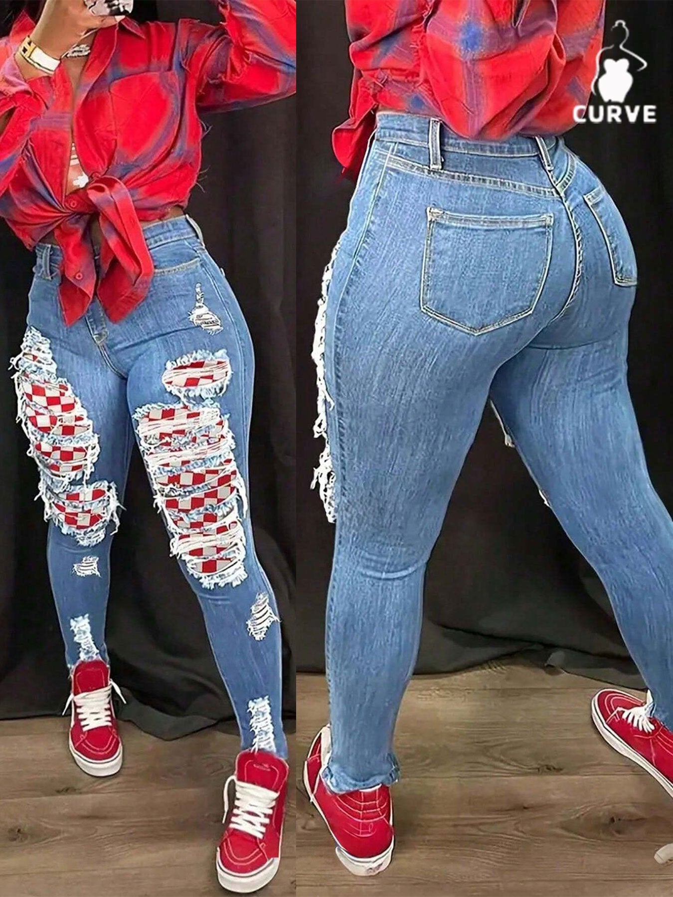 New Fashion! Women's Plus Size Skinny Stretch Jeans, Distressed Patch Decor, Casual Slim - Fit Denim Pants