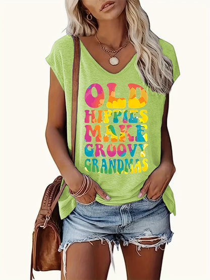 Women's Casual V-neck Sleeveless Vest- Retro "Old Hippie as a Charming Grandma" Pattern Print, Loose-fitting Summer Top, Machine-washable Black Printed Vest, Retro-style Daily Wear, Comfortable Fabric
