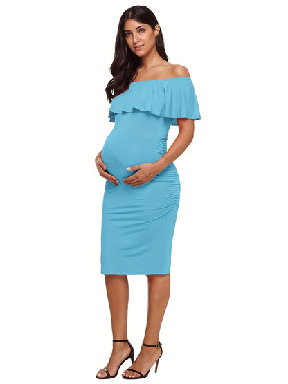 Women's Maternity Dress Off Shoulder Ruffle Sleeveless Bodycon Dress for Baby Shower