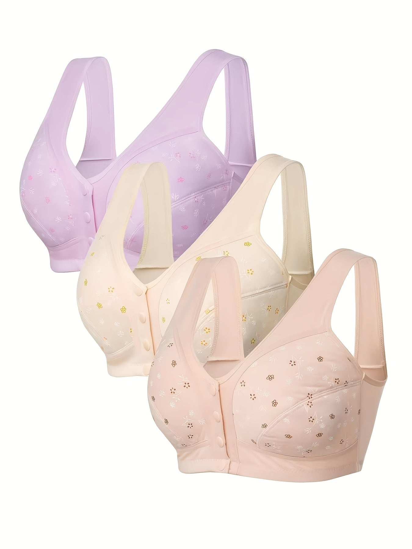3pcs Plus Size Printed Front-Closure Bra Set Elegant Full-Cup Wire-Free Comfort Bras Women's Lingerie & Underwear Sets Everyday Bras Fashion Underwear Skin-Friendly Fabric Soft Material Padded Bras Seamless Underwear