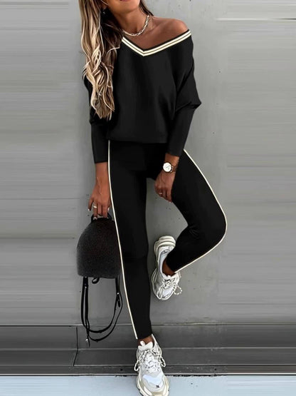 2pcs Casual Set Long Sleeve Pullover Top High Waist Pants Set wear