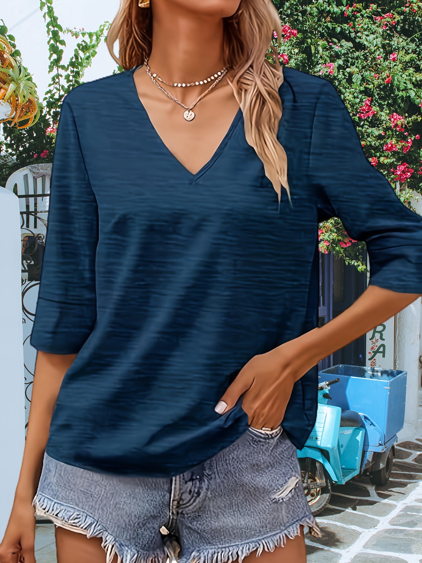 Women's V-neck Half Sleeve Loose Basic T-shirt