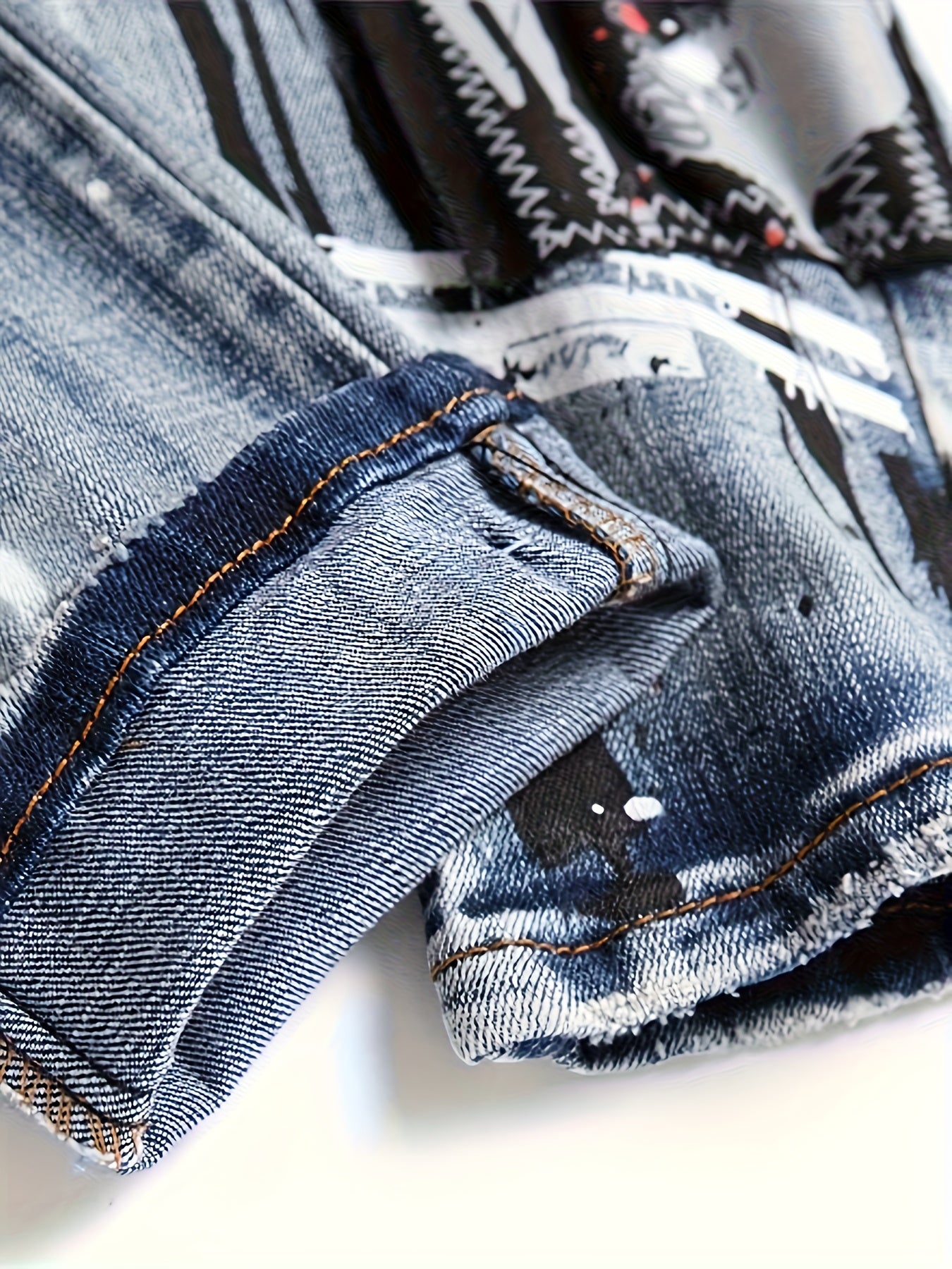 Men's Slim Fit Straight-Leg Distressed Jeans - Vintage Washed Denim with Embroidered Slogans & Patches, Stretch Comfort, Machine Washable, All-Season Streetwear Style