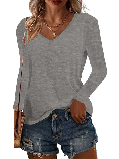 SINHOON 4pcs Women's Clothes Spring And Autumn Casual Top, Solid-Color Long-Sleeved V-Neck T-shirt