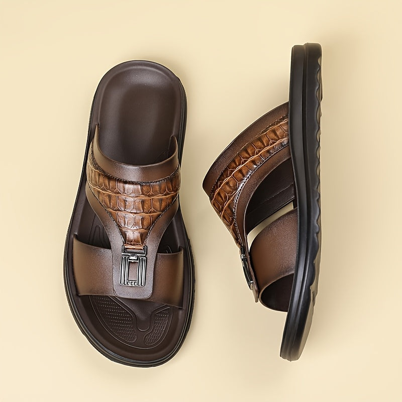 Men's Textured Slide Sandals, Crocodile-Print Straps with Metal Buckle - Minimalist Summer Shoes for Resort & Lounge