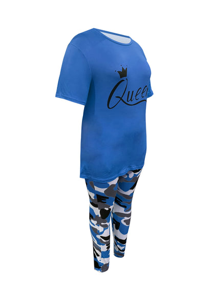 Plus Size - LADIES' Plus Size Daily Fashion Casual Set: Letter Print Crew Neck Short Sleeve T-shirt + Camouflage Long Pants With Pockets