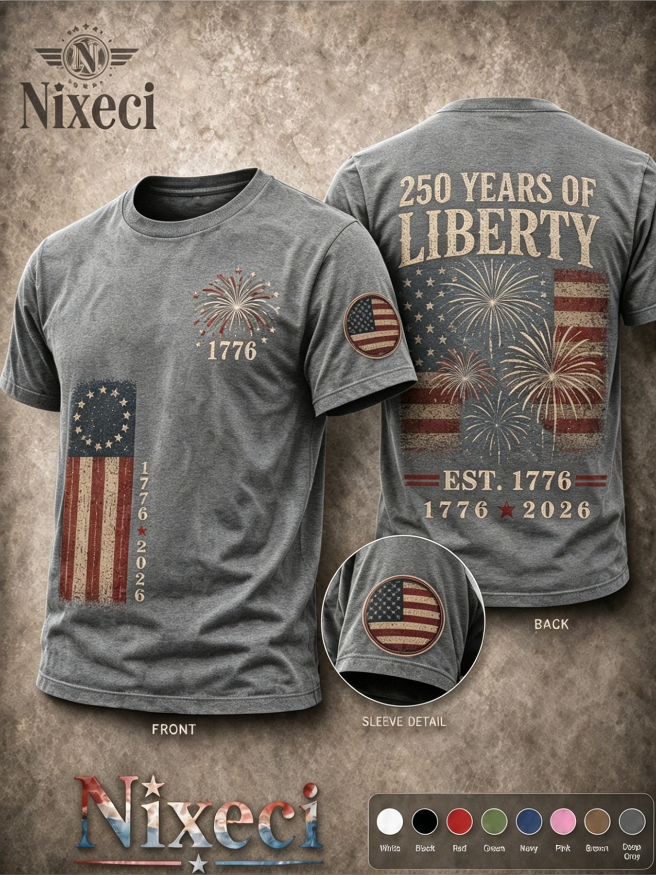 Nixeci Pure T-Shirt Men'S 180G Summer Crewneck Short Sleeve, Patriotic Vintage American Flag Fireworks Double-Sided Multi Print, 4Th of July Independence Day 250 Years of Liberty Casual Loose Fit Tee