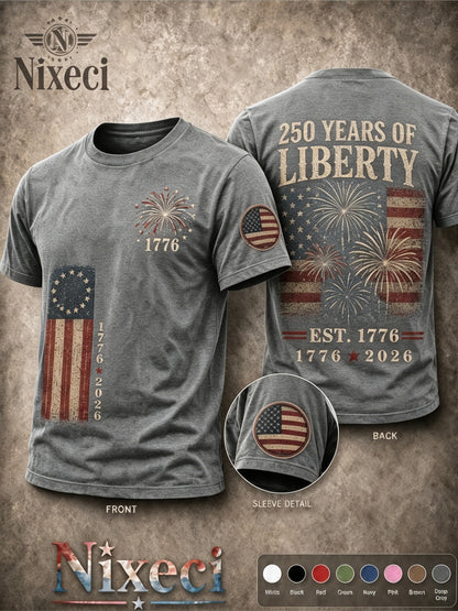 Nixeci Pure T-Shirt Men'S 180G Summer Crewneck Short Sleeve, Patriotic Vintage American Flag Fireworks Double-Sided Multi Print, 4Th of July Independence Day 250 Years of Liberty Casual Loose Fit Tee