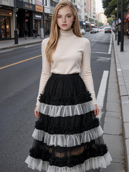 Women'S Tulle Tutu Skirt High-Low Flowy A-Line Ballet Skirt With Elastic Waist, Layered Mesh Fluffy Long Skirt For Beach Party Streetwear Wedding Cake Winter Fashion Outfits