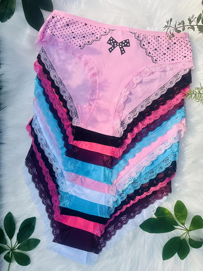 12pcs Elegant Contrast Lace Briefs | Plus Size with Bow and Heart Print, Comfortable & Breathable Stretchy Women'S Lingerie & Underwear