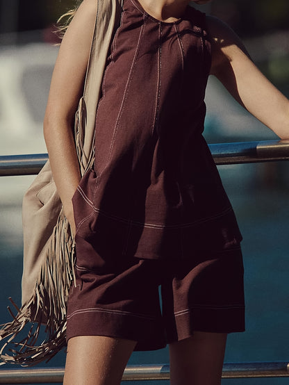 Womens 2pcs Outfits Sleeveless Matching Sets A Line Tank Tops Contrast Stitching High Waist Shorts with Pockets