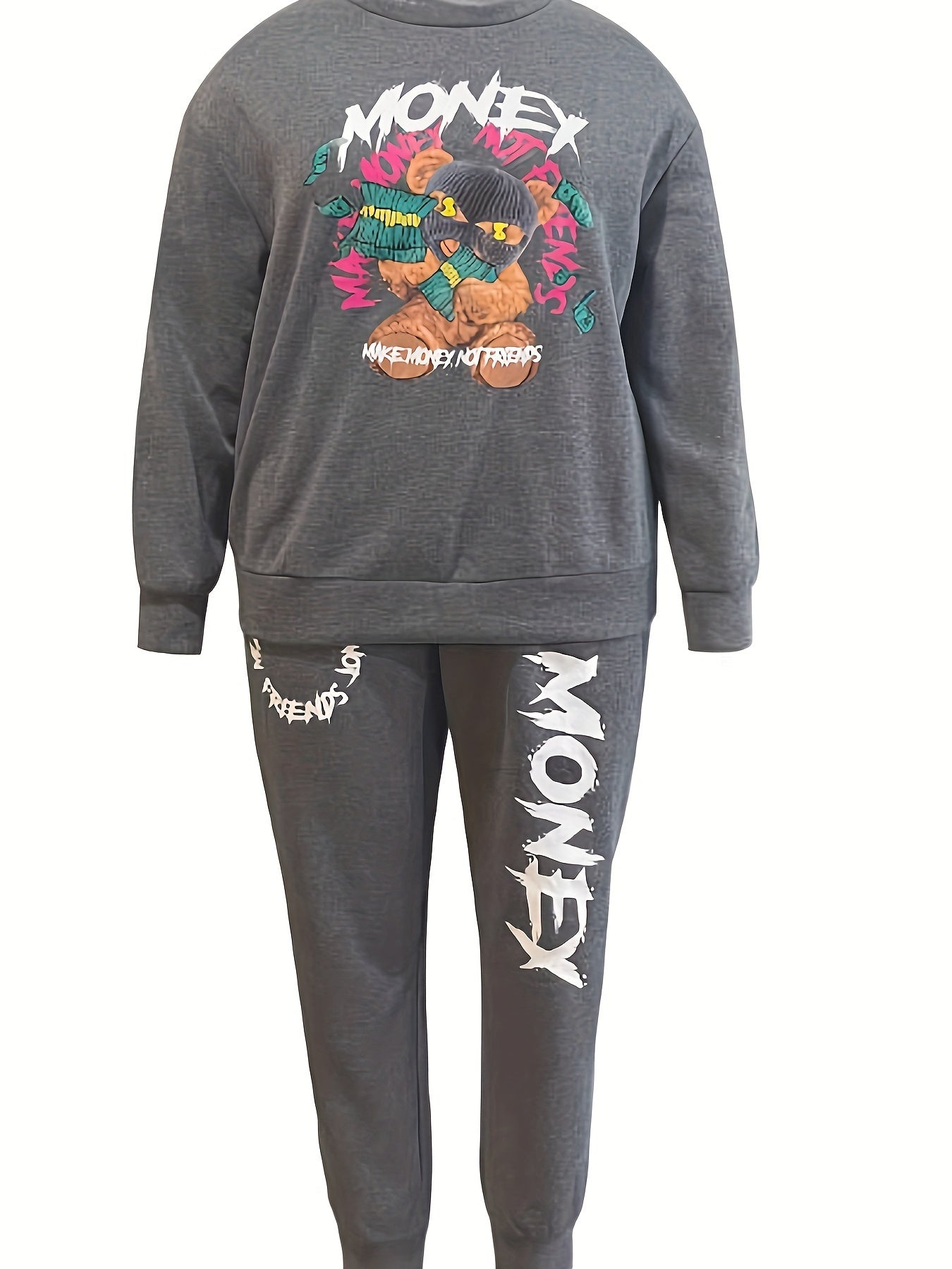 Women's Cozy Brown Sweatshirt & Jogger Set with "Money" Graphic - Casual Crew Neck, Long Sleeve, and Pants with Drawstring Waist - Perfect for Fall and Winter, Allseason Outfit|Playful Graphic Set|Comfortable Fit