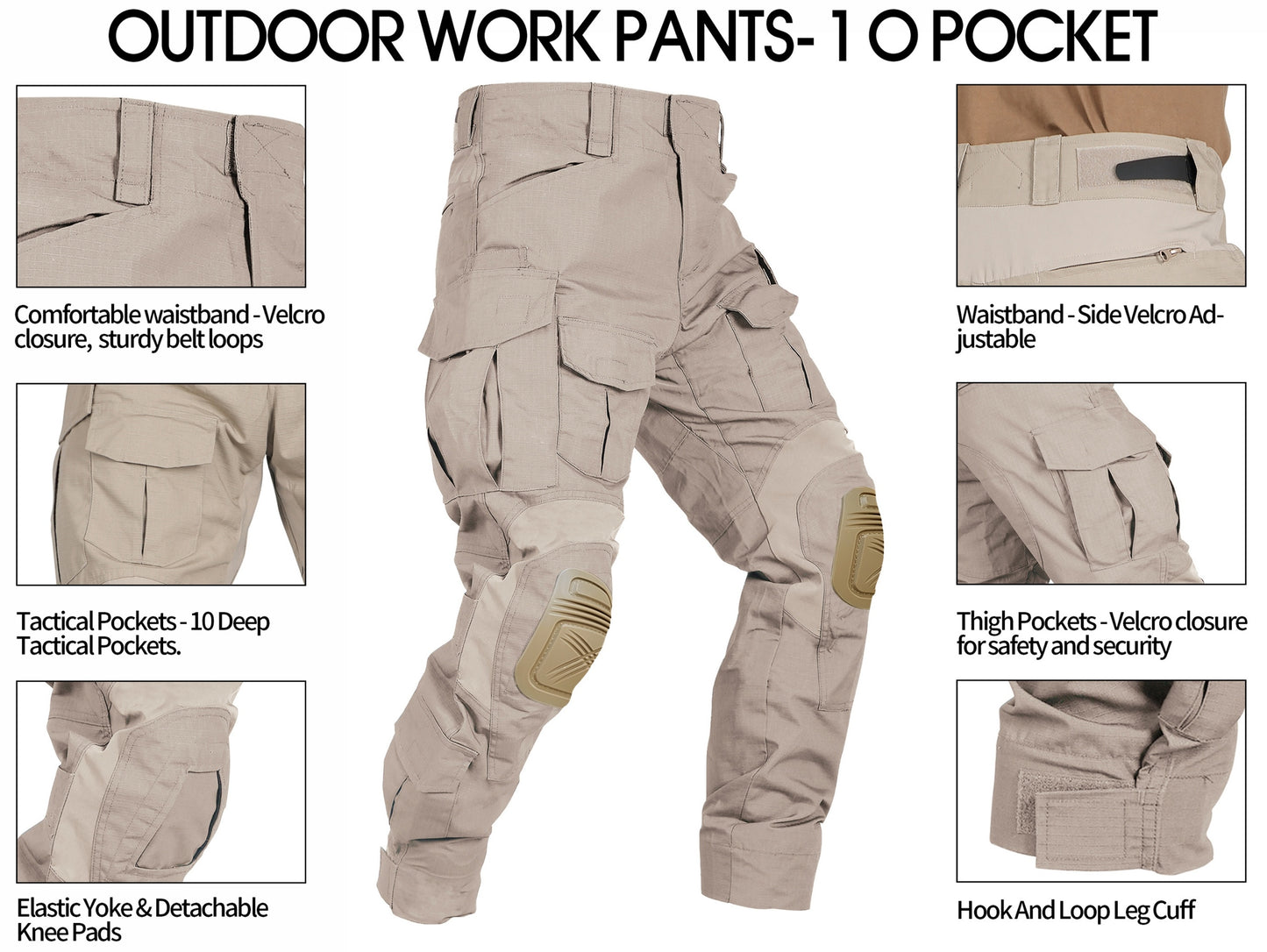 Men'S Tactical Pants with Knee Pads, Outdoor Cargo Work Pants Hunting Pants 10 Pockets (No Belt)