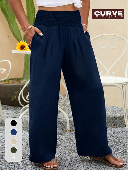 Plus Size, Chic High-Waisted Wide Leg Trousers | Plus-Size Military Green Casual Pants for Women - Spring, Summer And Autumn Comfort with Elastic