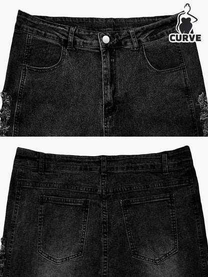 Extra Large Size Blue Jeans | High Waist Elastic Tight Hip Lifting Sexy Pencil Pants, Ripped Details, All-season, Machine Washable, Comfortable Fabric, Fashionable and Casual