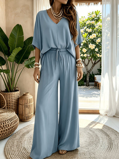 Women'S 2pcs V-Neck Wide Leg Pants Set - Boho Short Sleeve Loose Top & Drawstring Waist Outfit, Summer Beach Loungewear For Vacation, Perfect For Holiday And Daily Wear