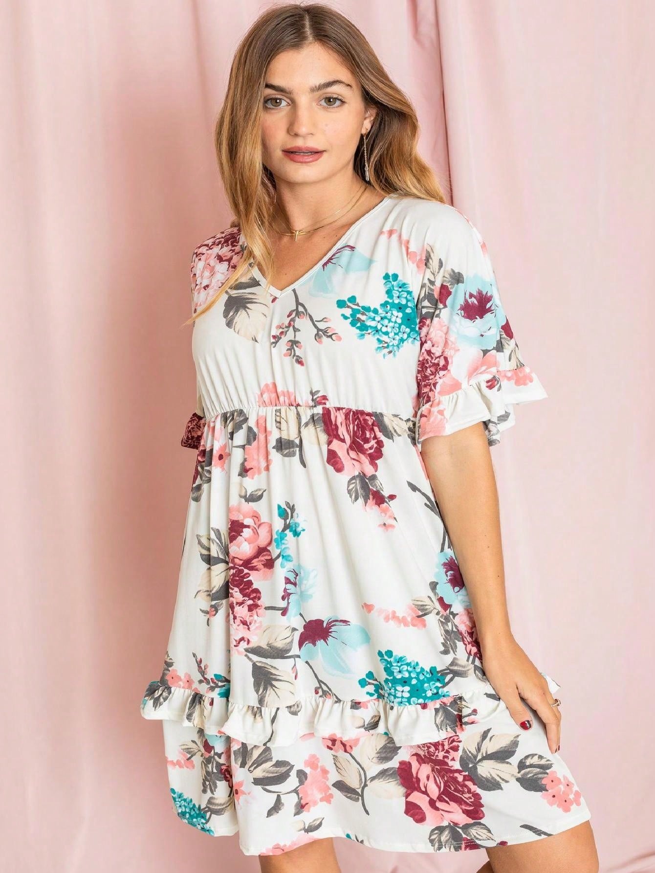 Vintage Boho Navy Pink Yellow White Charcoal Floral Ruffle flutter Trim Midi Dress S-3X