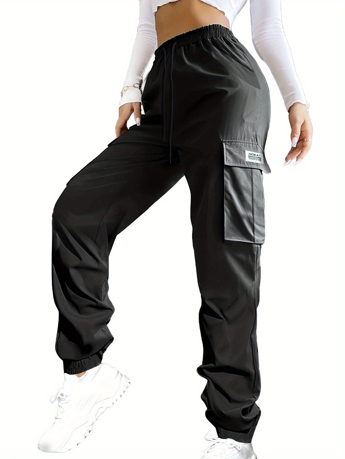 Women'S Zippered Pocket Cargo Pants, Stylish Large Pocket Design, Drawstring Elastic Waistband, Casual Outdoor/everyday Wear Trousers