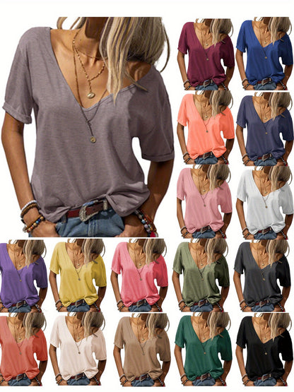 Casual Loose Basic T-Shirt for Women with a Deep V-Neck And Short Sleeves