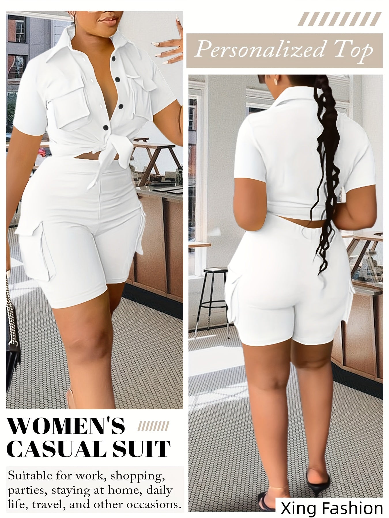 Women 2pcs Outfits Summer Casual Short Sleeve Button Top Biker Shorts with Pockets Solid Color Streetwear Set