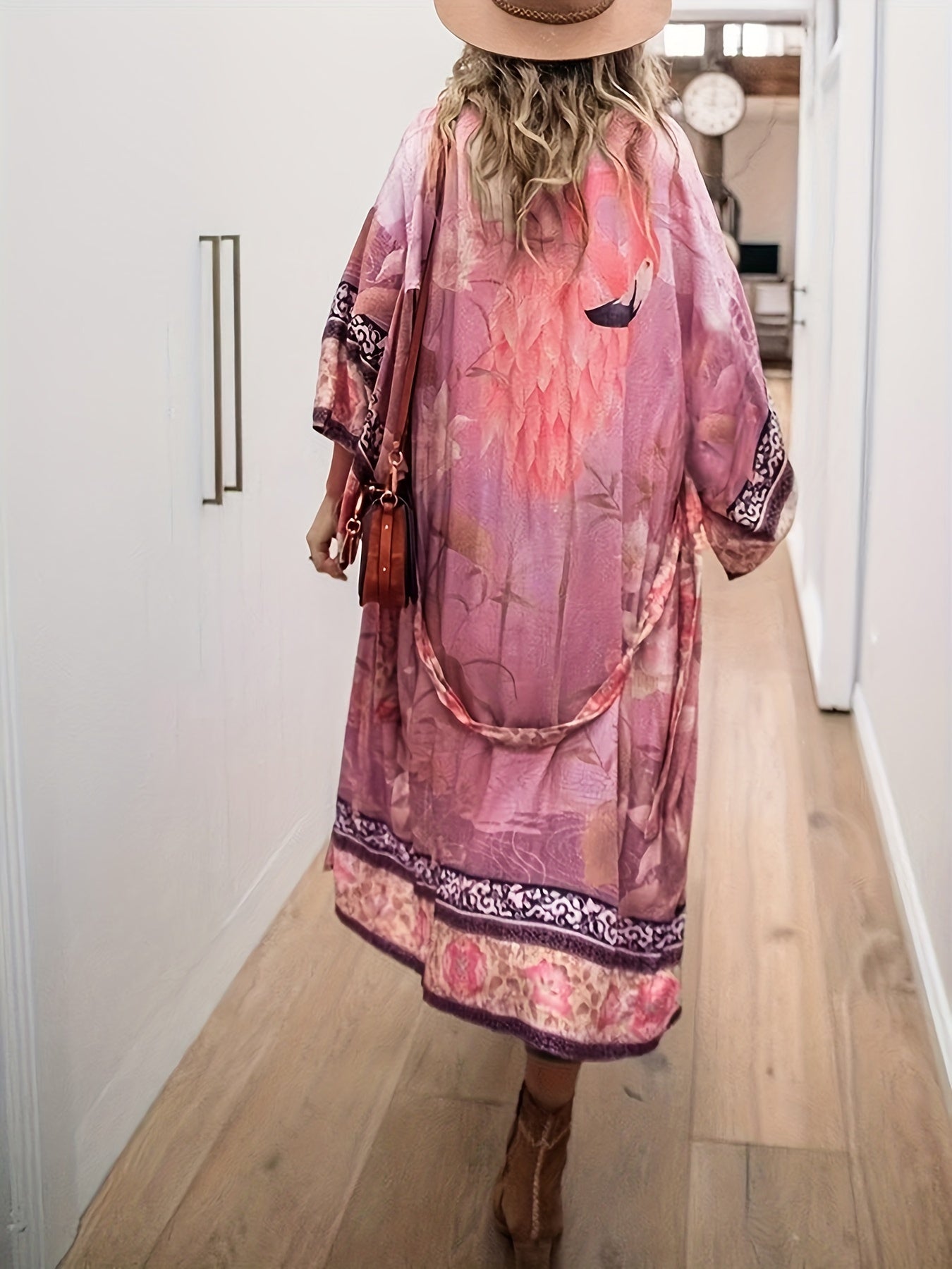 Floral & Crane Pattern Cover Up, Long Sleeves Loose Fit Beach Kimono Cardigan, Women's Swimwear & Clothing