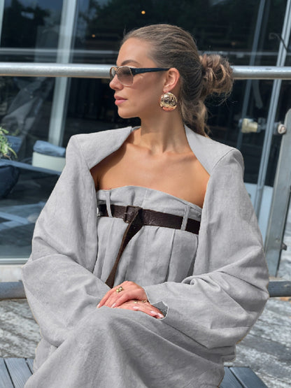 Alofi Women'S Stylish Jumpsuit Set Collarless Long Sleeve Outerwear And Strapless Wide Leg Jumpsuits Summer Loose Fit Suit