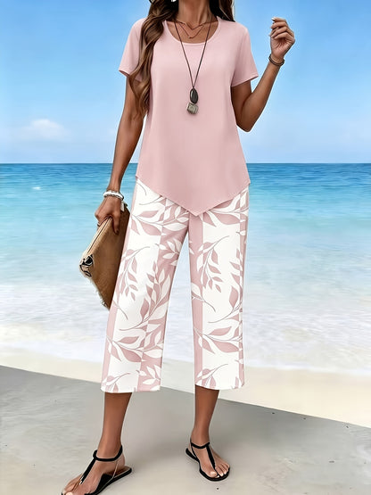 Women'S Spring/Summer Casual Two-Piece Set: Short Sleeve Round Neck Top with 7/8 Wide-Leg Pants, Loose Comfortable, Versatile for Daily Outings, Home, And Commuting
