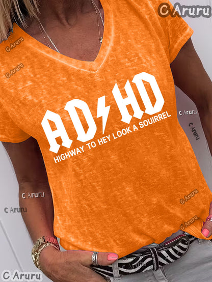 Women'S V-Neck T-Shirt Featuring a Rock Band ADHD Design, Suitable for Spring And Summer. It'S Casual, Versatile, Comfortable, And Breathable, Machine Washable, Making It Perfect for Home, Outings, Or As a Gift. an Essential Piece for Summer