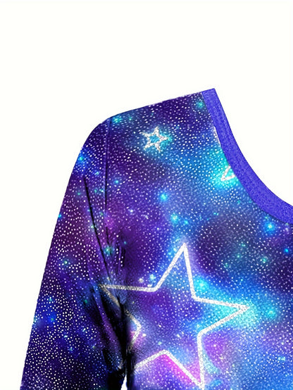 Girls' 3pcs Gymnastics Leotard Set with Stars Pattern, Long Sleeve Bodysuit & Matching Shorts - Includes Hairband, Stretchy & Breathable Fabric for Dance Training, Perfect for Outdoor, All Seasons, Gift for Back-to-School Season, Beach Essentials