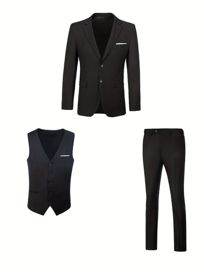 Men's Solid Color Complete 3pcs Suit Set Slim Fit Modern Tailored for Weddings Business Graduation Father's Day Gifting Express Delivery