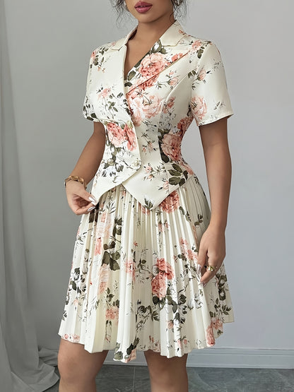 Romantic Date Beige Pink Rose Print Blazer Neck Dress, Short Sleeve Waist Pleated Hem, Slimming Breathable, Valentine Date Party Look, Gentle Women & Couples, Floral Print Blazer Dress