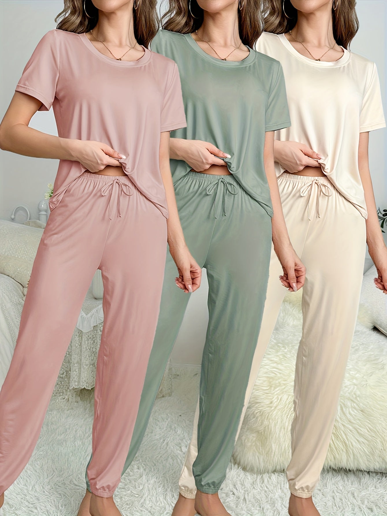 Six-piece Women's New Style Simple Solid-color Pajama Set, Short-sleeved And Long Pants Casual And Comfortable Home Wear