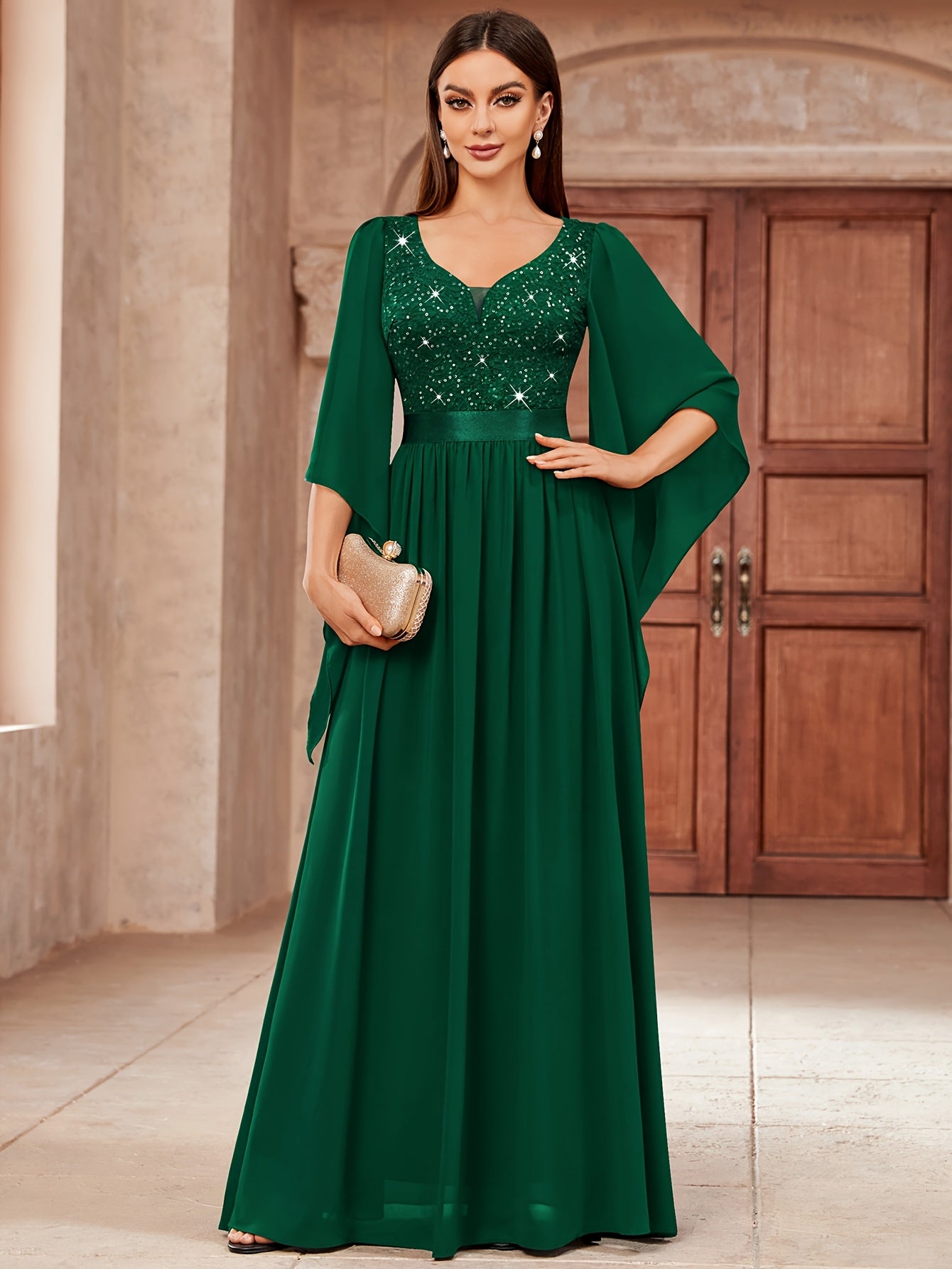 53303 Elegant Women's Lace & Sequin Bridesmaid Dress - A-Line Maxi Wedding Gown with 3/4 Bell Sleeves, V-Neck Color-Block (Bodice &), Machine Washable Bridesmaids Gown for Weddings, Parties, Prom