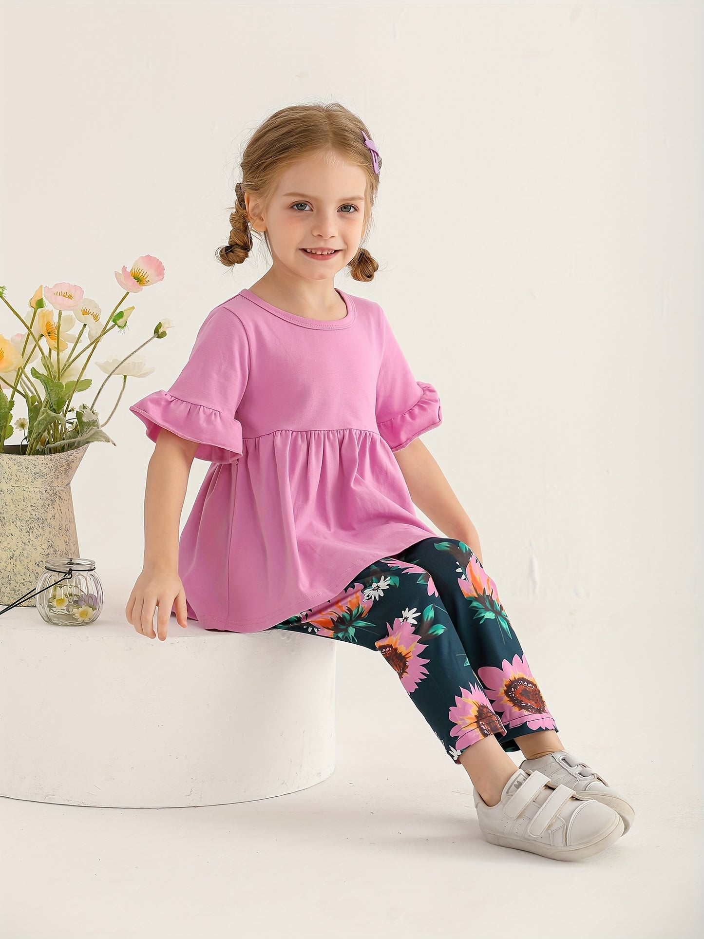 KuKitty Toddler Baby Girl Clothes Solid Color Flared Sleeve Ruffle Tops Sunflower Print Pants Outfits Set, Perfect for Outdoor