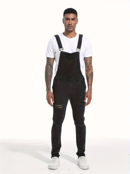 Stylish And Modern Men'S Denim Overalls with Multiple Pockets, And Distressed for Work