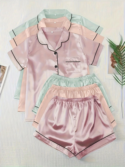 Casual, Fashionable, and Comfortable 6pcs Set in 3 Colors: Solid, Plain, Satin, and Satin Trim Short-Sleeve Shirt & Elastic Waist Shorts Pajama Set