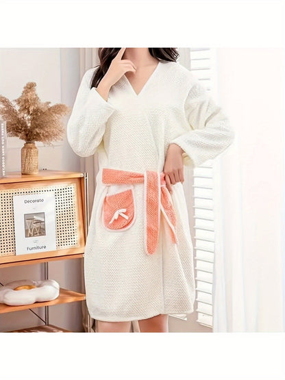 1 Women's super soft absorbent long-sleeved bathrobe - quick-drying, cartoon pineapple plaid design with straps, perfect for home comfort