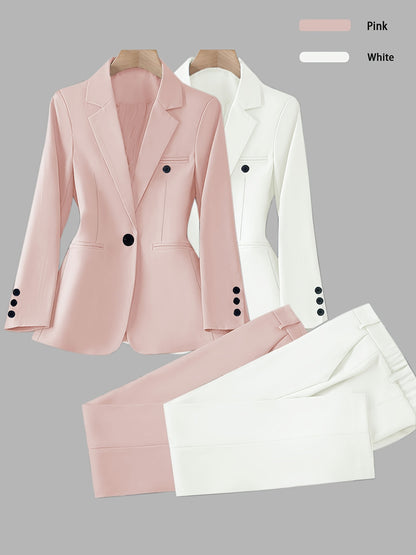 Elegant Women's Suit Set, Fashionable Business Style Solid Color Professional Blazer and Trousers 4pcs Set