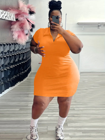 Plus Size - Plus Size - Solid Color Midi Dress with Lapel for Plus Sizes