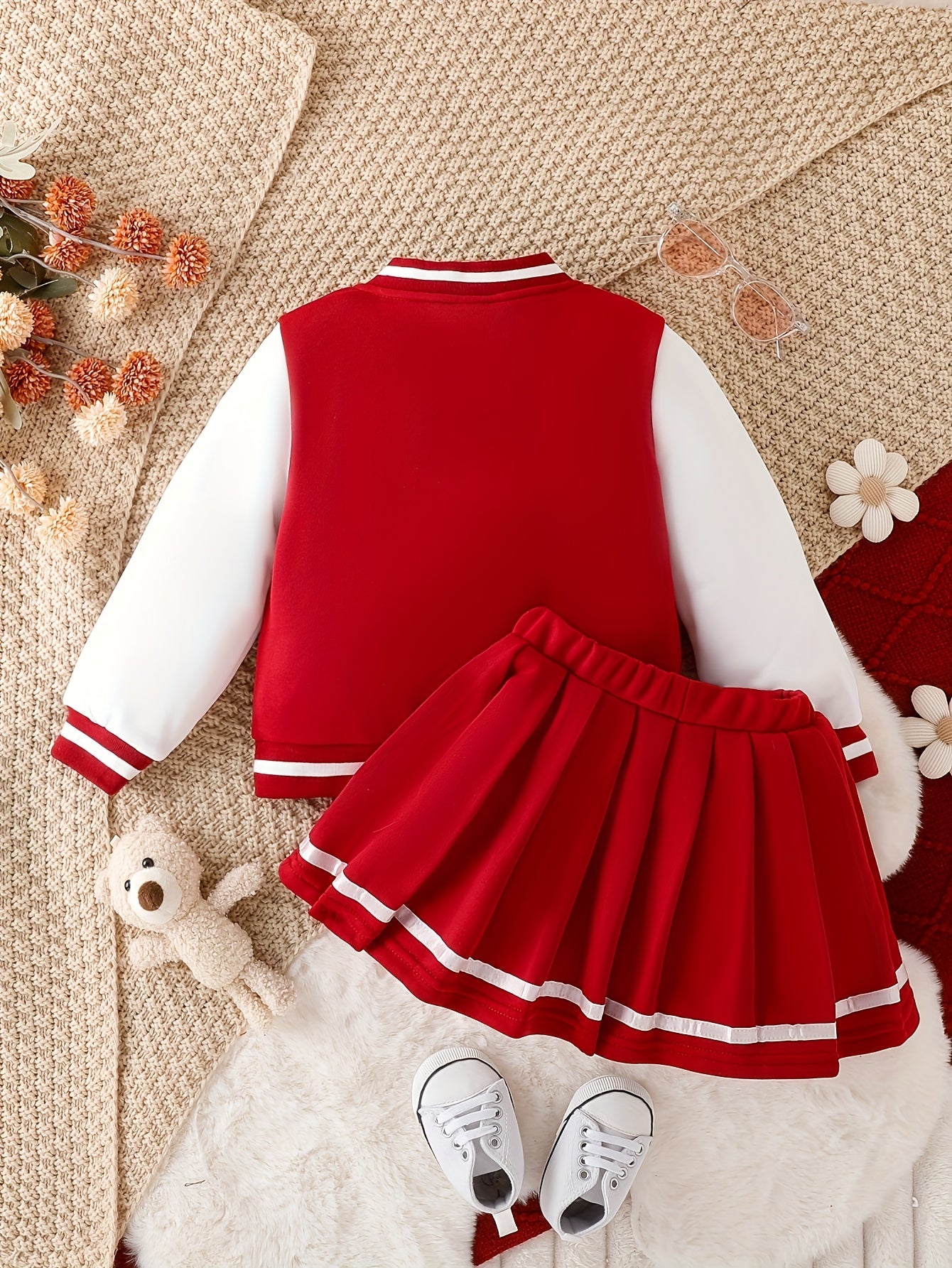 Girls' Style Spliced Baseball Jacket & College Style Skirt Two-Piece Set
