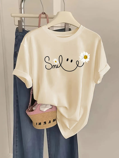 Plus Size Women's Light Blue Smiling Daisy & Smile Letter Print T-Shirt - Soft Breathable Short Sleeve Round Neck Top, Casual Spring Summer Blouse with White Daisies & joyful Face Design, Machine Washable Casual Attire for Parties & Picnic