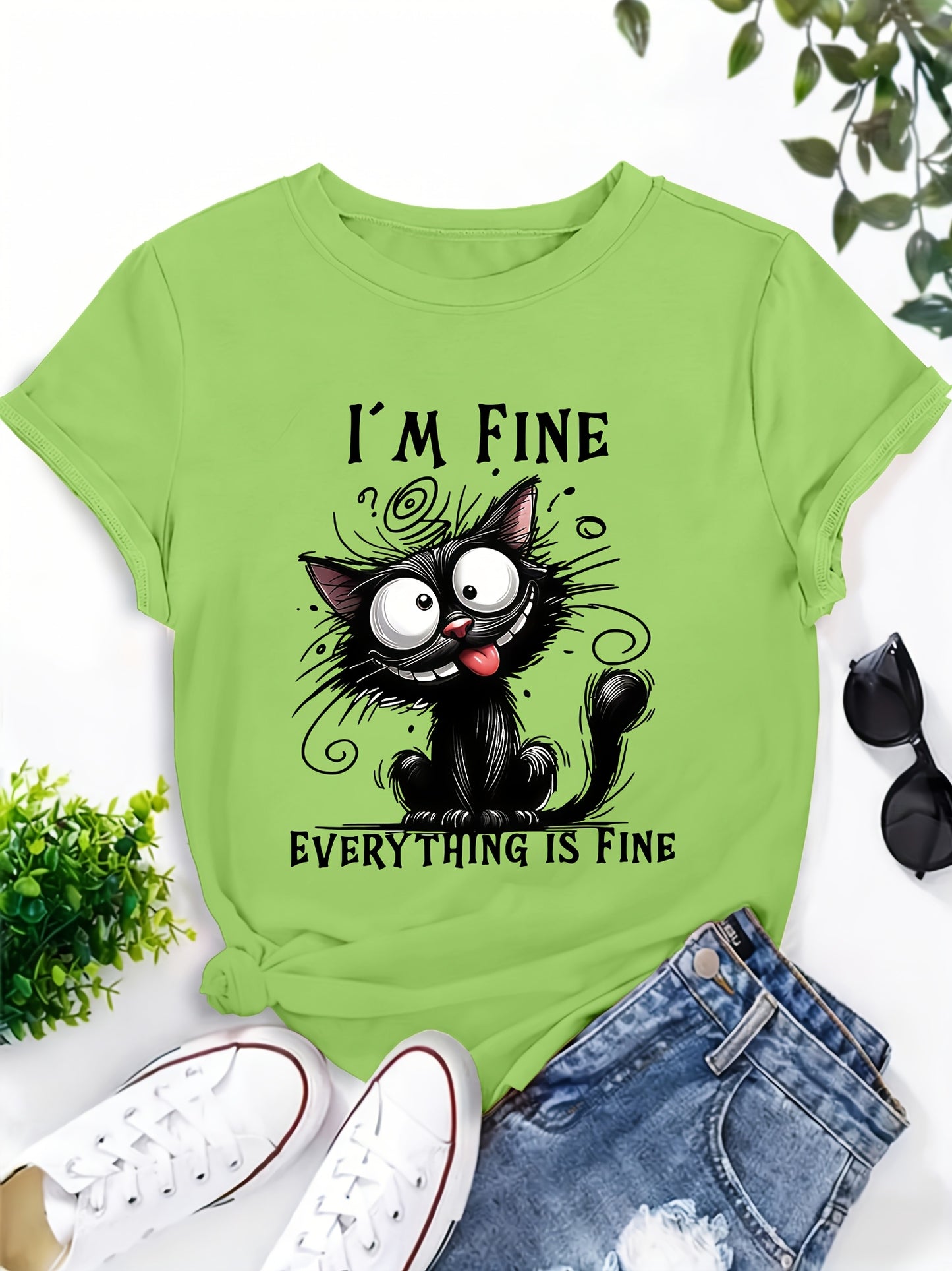 [ 70% off Special Offer]Women'S Short Sleeve T-Shirt, Fun Cat Design "I'm Fine, I'm Fine, Everything'S Fine" Cat Lover Gift Pattern Print, Elegant Sweet Cute Vacation Commuting T-Shirt, Party T-Shirt, Home Essential T-Shirt