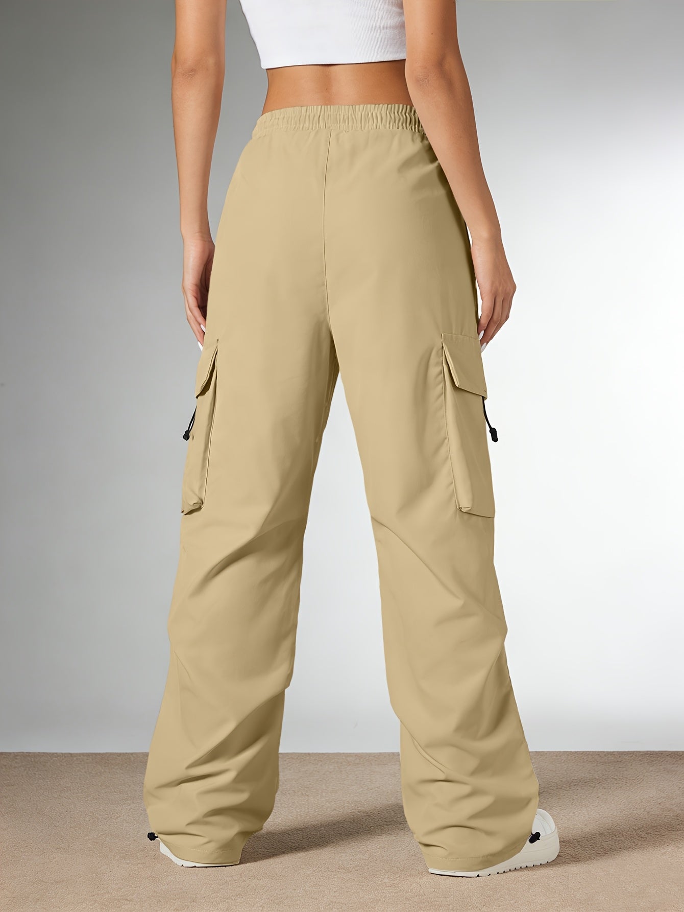Women'S Casual Cargo Pants, Elastic High Waist Drawstring Loose Wide Leg Trousers, Multi-Pocket Utility Pants, Lightweight Quick Dry, Streetwear Y2K Style, Hiking Outdoor Jogger Pants for Daily/Travel/Workout, Black/Gray/Khaki
