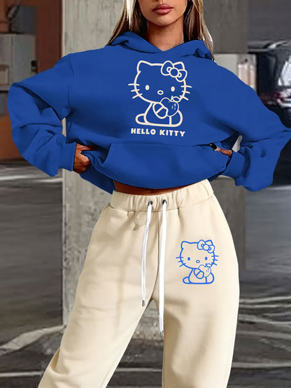 Women's Autumn and Winter Fashion Casual Sweater Casual Pants 2pcs Set, Printed with Sanrio Hello Kitty Pattern Print Design, Women's Casual Pants Set, Fashion Hooded Sweater + Drawstring Trousers 2pcs Set, Loose Version