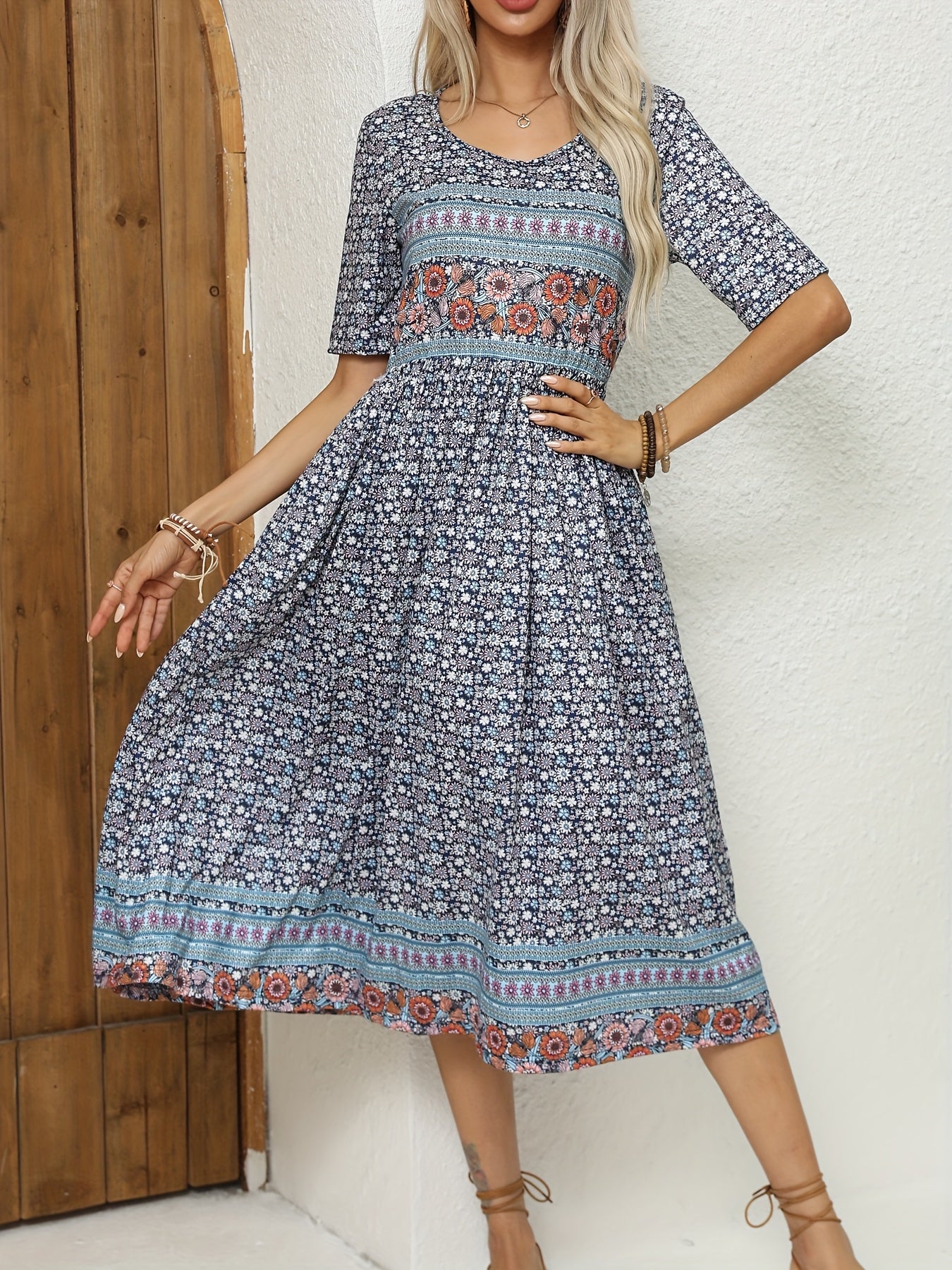 Casual Bohemian Dress for Women, Short Sleeves, Crew Neck, with Pockets, Loose Fit, Ideal for Summer And Beach Wear in 2025