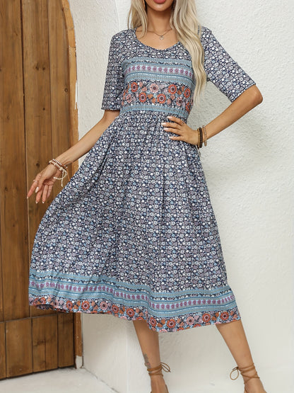 Casual Bohemian Dress for Women, Short Sleeves, Crew Neck, with Pockets, Loose Fit, Ideal for Summer And Beach Wear in 2025