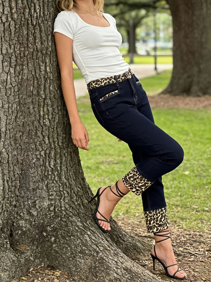 Y2K Hot Leopard Print Decor Jeans - High Waisted Butt Lifting Dark Wash Stretchy Denim Women'S Casual Streetwear Pants