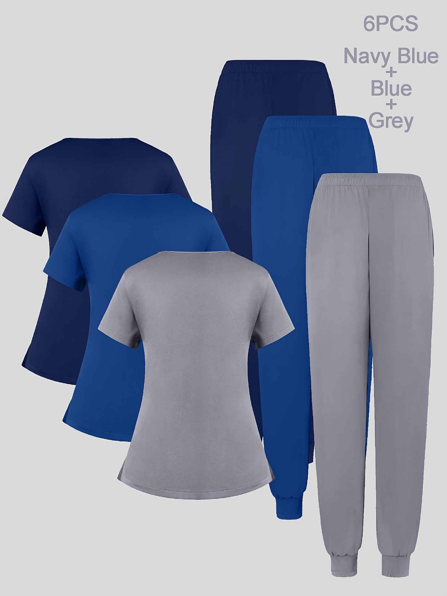 6pcs Set of Women'S V-Neck Matte Breathable Uniform Pocket Hand Washing Work Clothes Brush Hand Clothes Tying Feet Pants Set